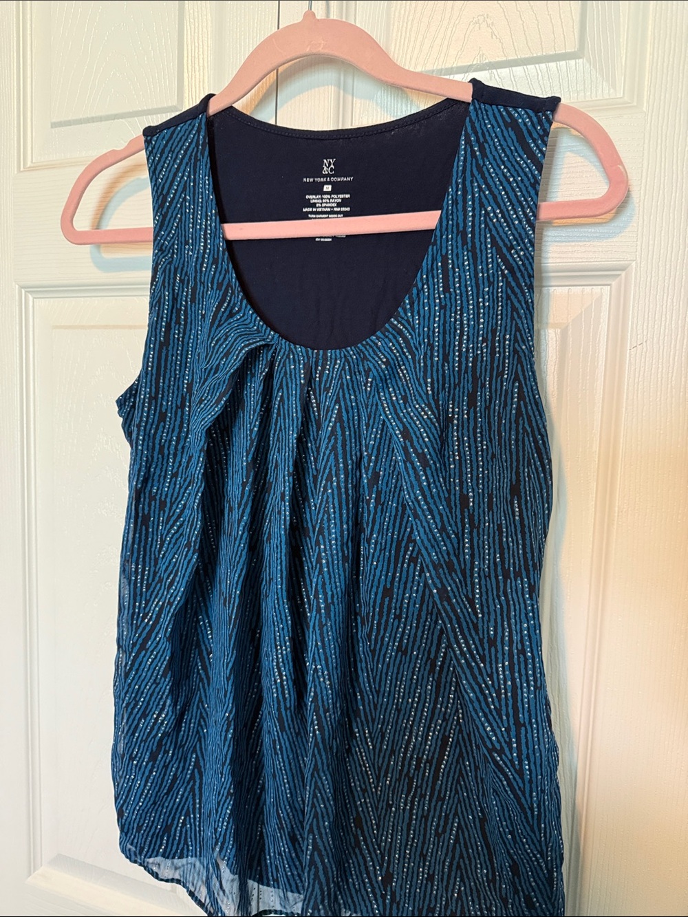 New York & Company Teal and Navy Sleeveless Pleated Tank